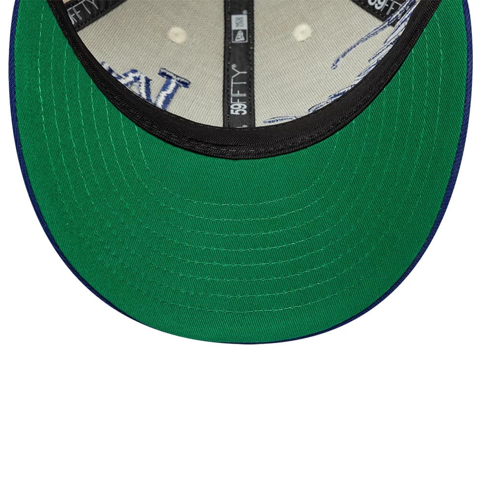 Pictured is this MLB Side Script LA Dodgers Low Profile 59FIFTY Fitted cap in Cream. 2