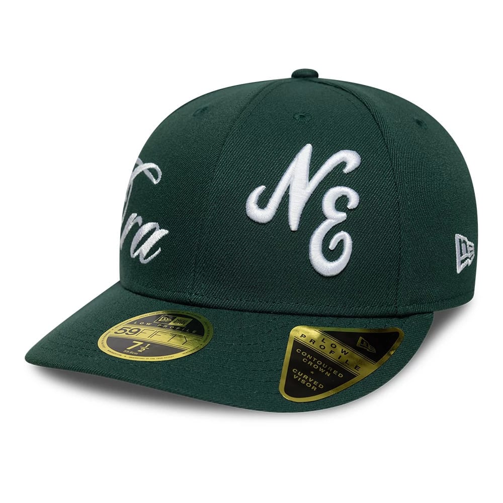 Pictured is this New Era Side Script Low Profile 59FIFTY Fitted cap in dark green. 4