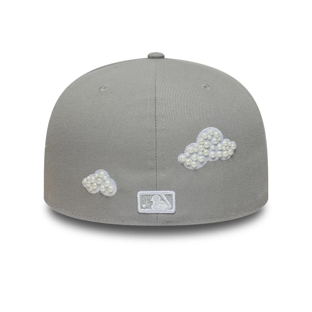 LA Dodgers MLB Faux Pearl Cloud Grey New Era 59FIFTY Fitted Cap, rear view showing the white embroidered MLB Batterman logo at the centre of the grey structured crown, with faux pearl cloud designs embellishing both sides.
