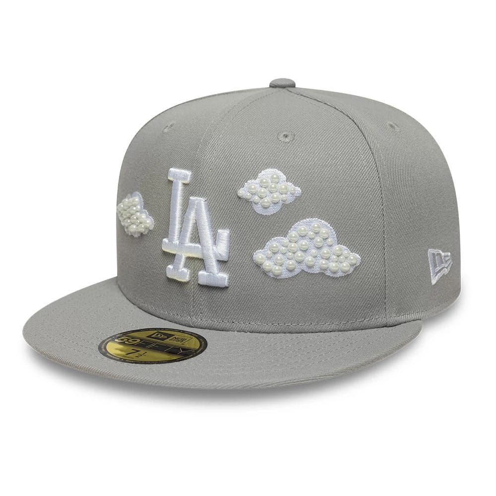 LA Dodgers MLB Faux Pearl Cloud Grey New Era 59FIFTY Fitted Cap, front view showing the white raised LA logo on the structured grey crown, embellished with white faux pearl clouds, and gold 59FIFTY size sticker on the flat grey visor.