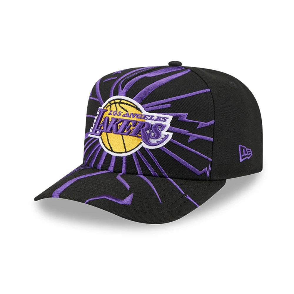 LA Lakers NBA Shattered Black New Era 9FORTY A-Frame Adjustable Cap, front view showing the purple and yellow Lakers logo in raised embroidery on the front panel, with a purple shattered pattern extending across the black structured crown and visor.