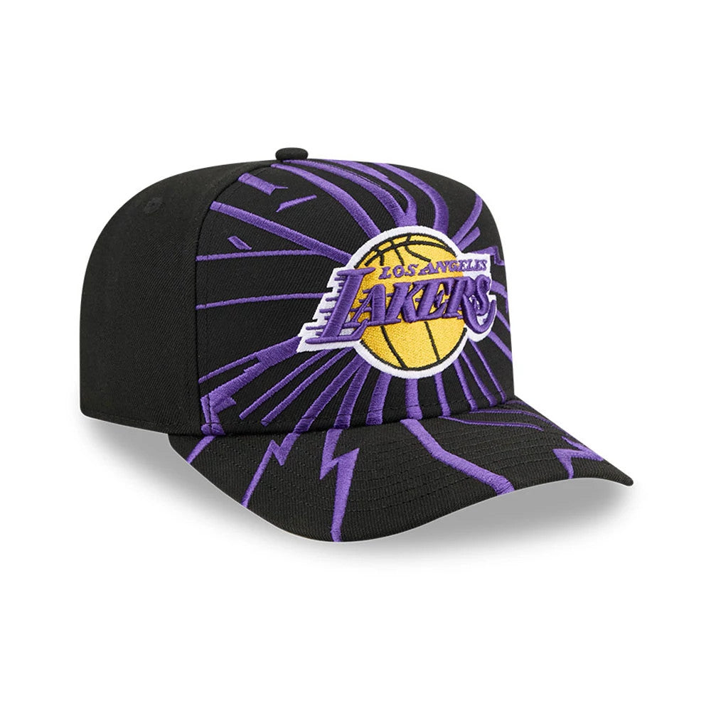 LA Lakers NBA Shattered Black New Era 9FORTY A-Frame Adjustable Cap, front view showing a raised embroidered purple and gold LA Lakers logo with basketball motif on front panels, accented by a shattered purple pattern extending onto the curved visor.