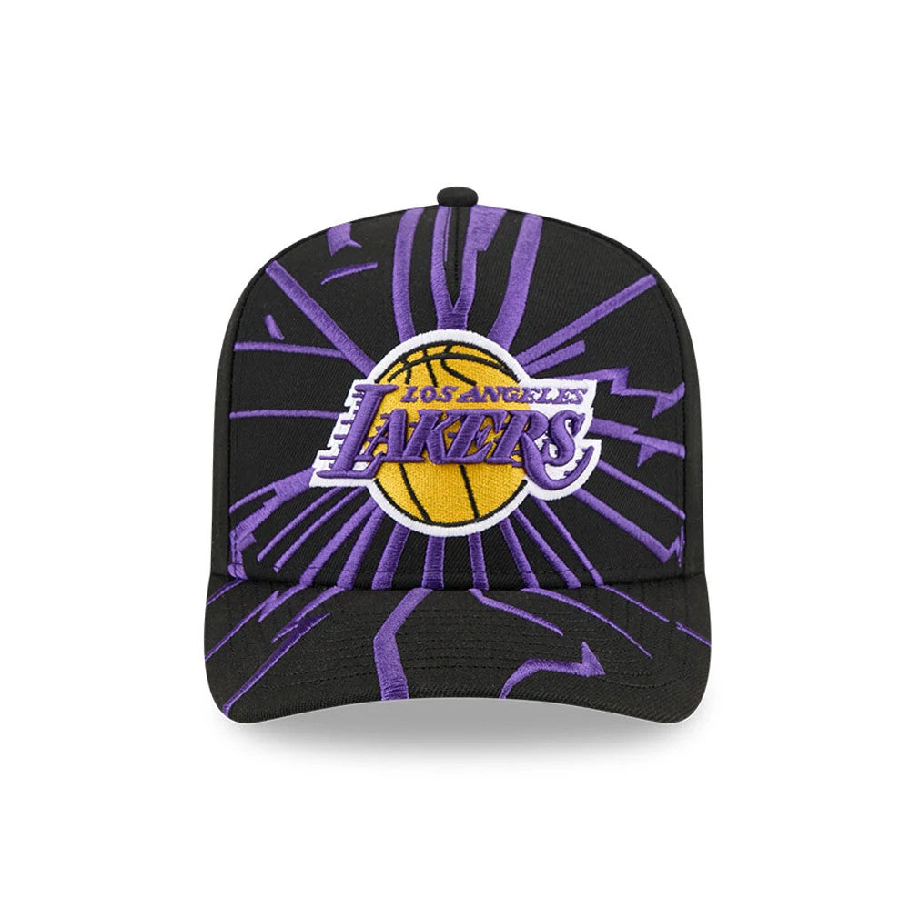 LA Lakers NBA Shattered Black New Era 9FORTY A-Frame Adjustable Cap, front view showing a raised embroidered Lakers logo in purple and gold on the centre front panel, with a shattered purple design extending across the structured black crown.