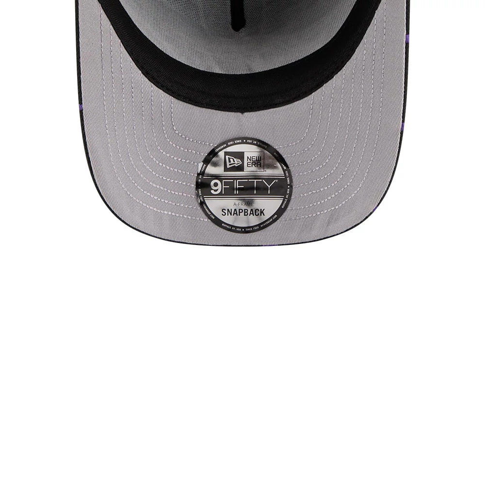 LA Lakers NBA Shattered Black New Era 9FORTY A-Frame Adjustable Cap, inside view showing the light grey undervisor with a black 9FORTY A-Frame size sticker at the centre, accented by black stitching and a black sweatband edge.