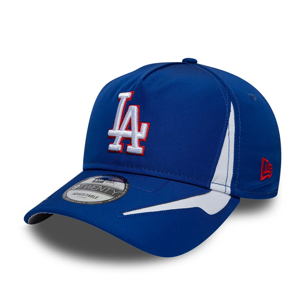 LA Dodgers MLB Panel Blue New Era 9TWENTY A-Frame Adjustable Cap, front view showing the raised white and red embroidered LA logo on the structured blue crown, with a 9TWENTY size sticker on the curved visor.