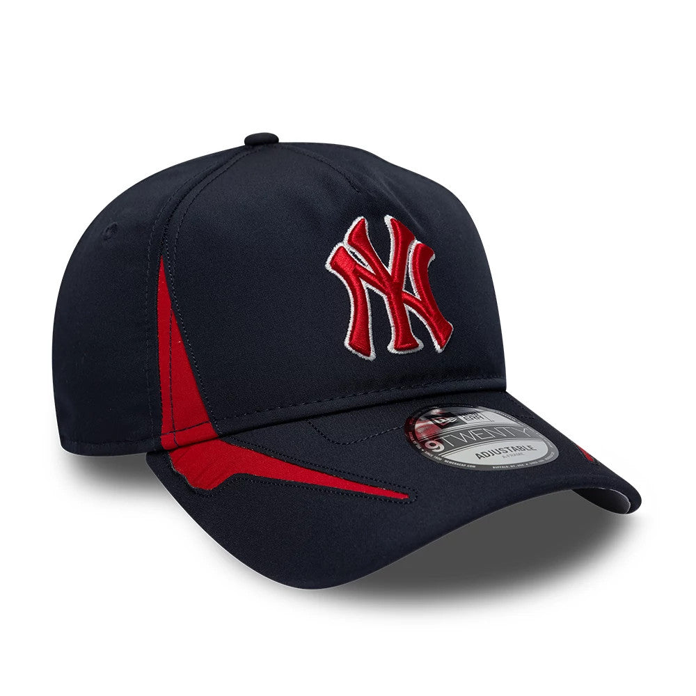 New York Yankees MLB Panel Navy New Era 9TWENTY A-Frame Adjustable Cap, three-quarter view showing a raised red and white embroidered NY logo on the front panel, with red accents on the structured navy crown and a 9TWENTY size sticker on the visor.