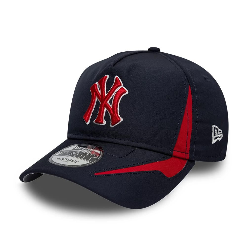 New York Yankees MLB Panel Navy New Era 9TWENTY A-Frame Adjustable Cap, front view showing the raised red and white embroidered NY logo on the navy crown, a curved visor with a 9TWENTY size sticker, and the New Era flag logo on the left side.