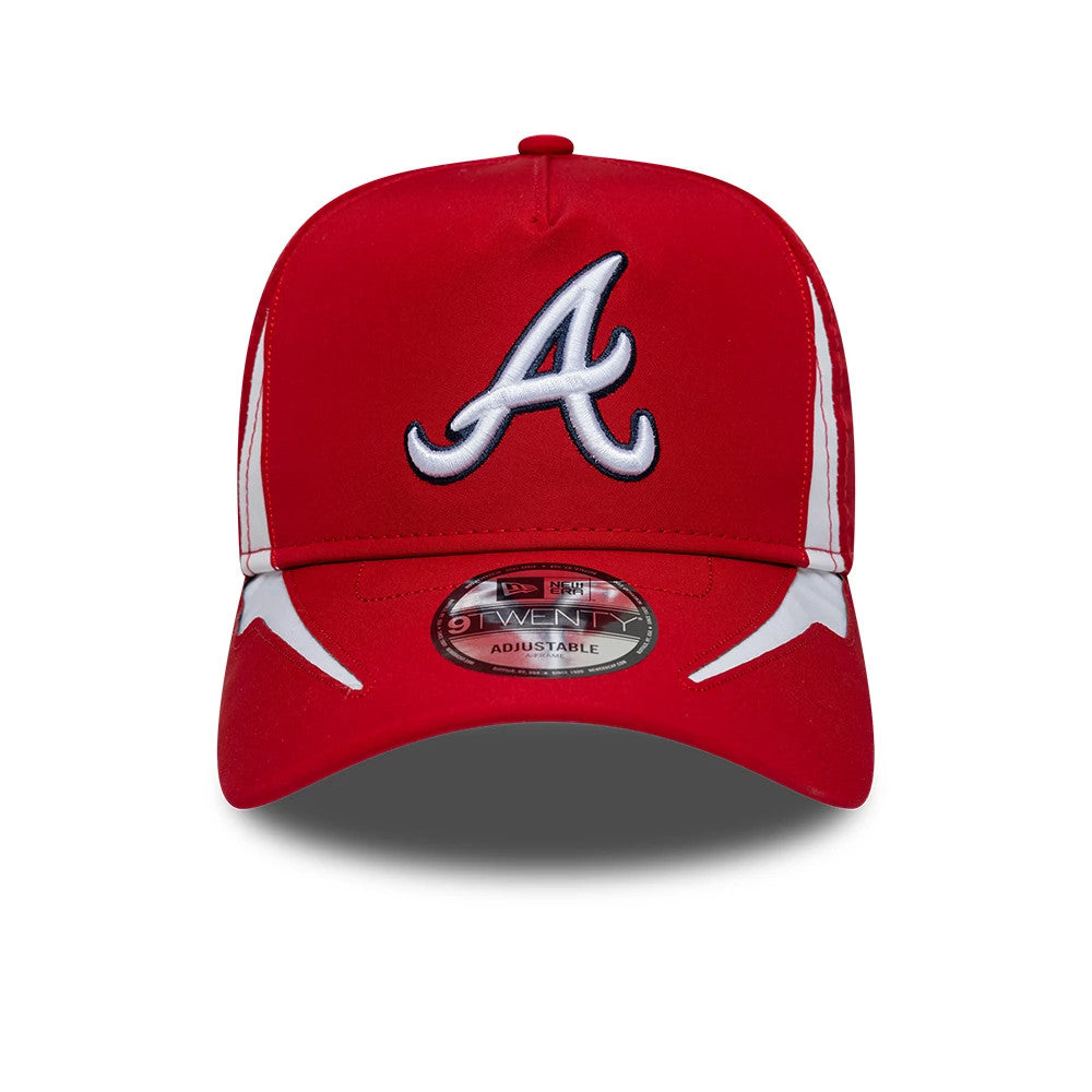 Atlanta Braves MLB Panel Red New Era 9TWENTY A-Frame Adjustable Cap, front view showing a large white embroidered A logo on the structured red front panel, with a curved visor and 9TWENTY size sticker positioned at the centre.