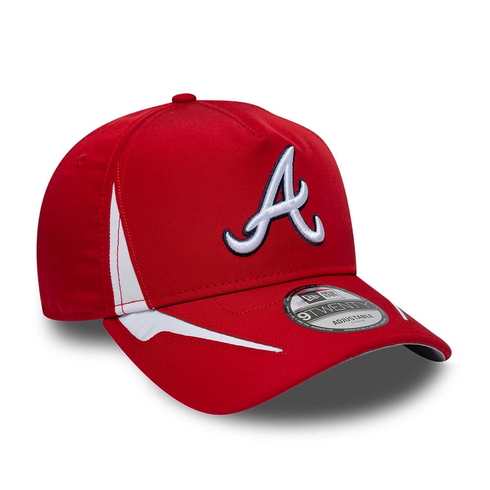 Atlanta Braves MLB Panel Red New Era 9TWENTY A-Frame Adjustable Cap, three-quarter view showing the raised white embroidered A logo on the red front panel, curved red visor with a 9TWENTY size sticker, and white side panel accents.