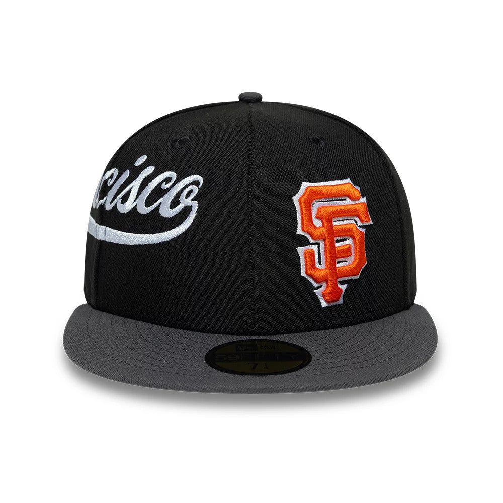 San Francisco Giants MLB Multi Logo Satin Lined Black New Era 59FIFTY Fitted Cap, front view showing the orange and white embroidered SF logo on the black crown, a grey flat visor, and the 59FIFTY size sticker on the top.