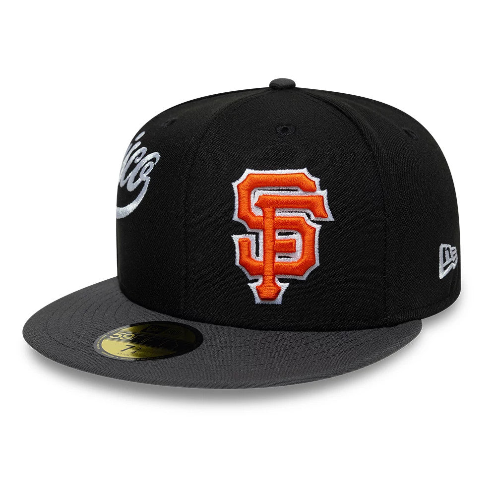 San Francisco Giants MLB Multi Logo Satin Lined Black New Era 59FIFTY Fitted Cap, front view showing the large orange and white raised embroidered SF logo on the front panel, with a curved grey visor and a gold 59FIFTY size sticker.