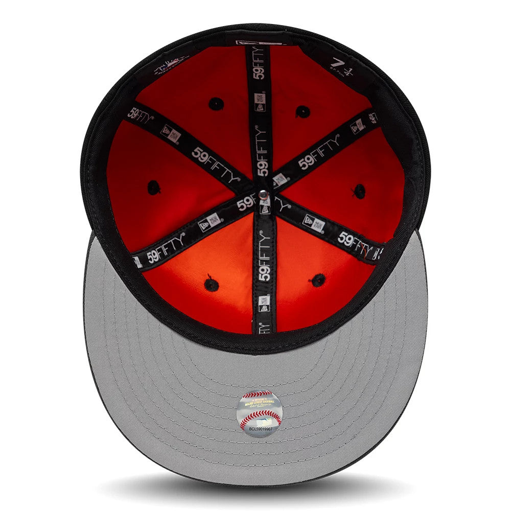 San Francisco Giants MLB Multi Logo Satin Lined Black New Era 59FIFTY Fitted Cap, inside view showing the bright orange satin interior lining, black 59FIFTY branded taping across the panels, and a grey undervisor with a baseball-themed sticker.