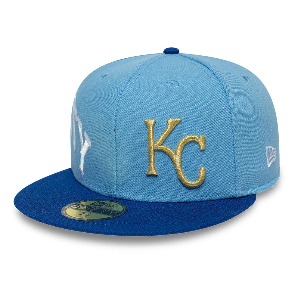 Kansas City Royals MLB Multi Logo Satin Lined Pastel Blue New Era 59FIFTY Fitted Cap, front view showing the gold-embroidered KC logo on the pastel blue front panel, a blue visor with a gold 59FIFTY size sticker.