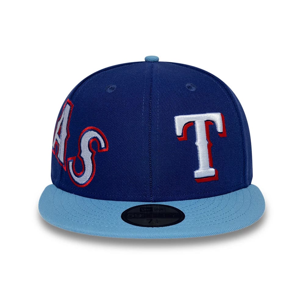 Pictured is this MLB Multi Logo Texas Rangers 59FIFTY Fitted cap in dark blue. 4