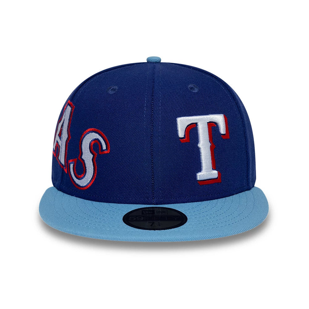 Texas Rangers MLB Multi Logo Satin Lined Dark Blue New Era 59FIFTY Fitted Cap, front view showing the white and red embroidered T logo on the right and AS lettering on the left, with a contrasting light blue visor and black 59FIFTY size sticker.