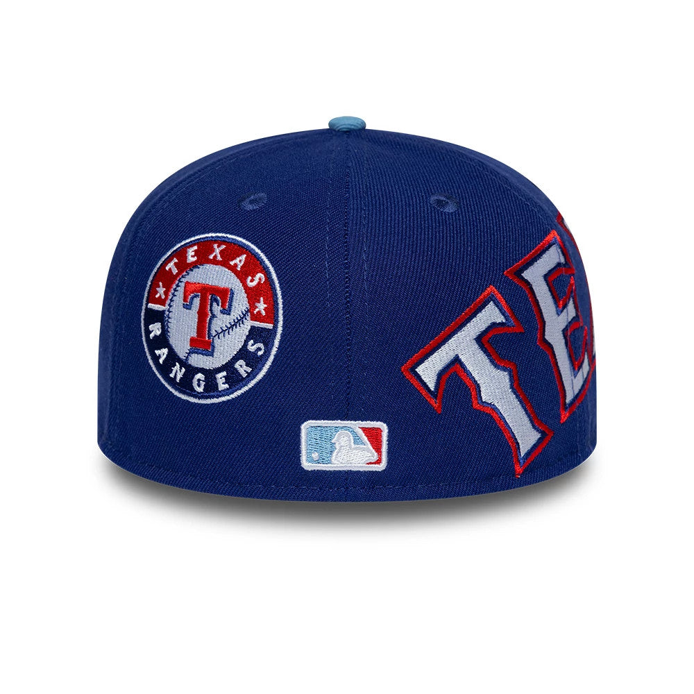 Texas Rangers MLB Multi Logo Satin Lined Dark Blue New Era 59FIFTY Fitted Cap, rear view showing the embroidered MLB Batterman logo centred on the back, with a large Texas Rangers circular logo and oversized ‘TEX’ lettering on the dark blue crown.