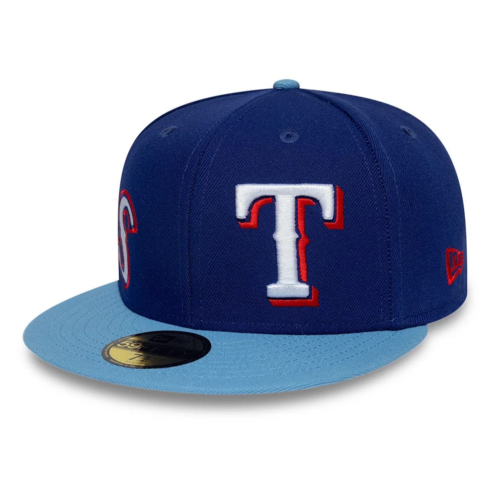 Pictured is this MLB Multi Logo Texas Rangers 59FIFTY Fitted cap in dark blue. 1
