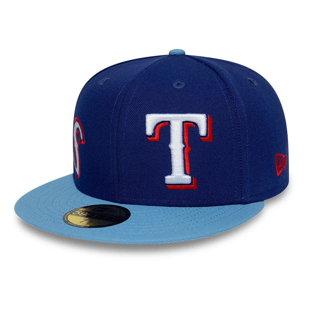 Texas Rangers MLB Multi Logo Satin Lined Dark Blue New Era 59FIFTY Fitted Cap, front view showing raised white and red embroidered T logo on the front panel, light blue visor with gold 59FIFTY size sticker, and blue top button.