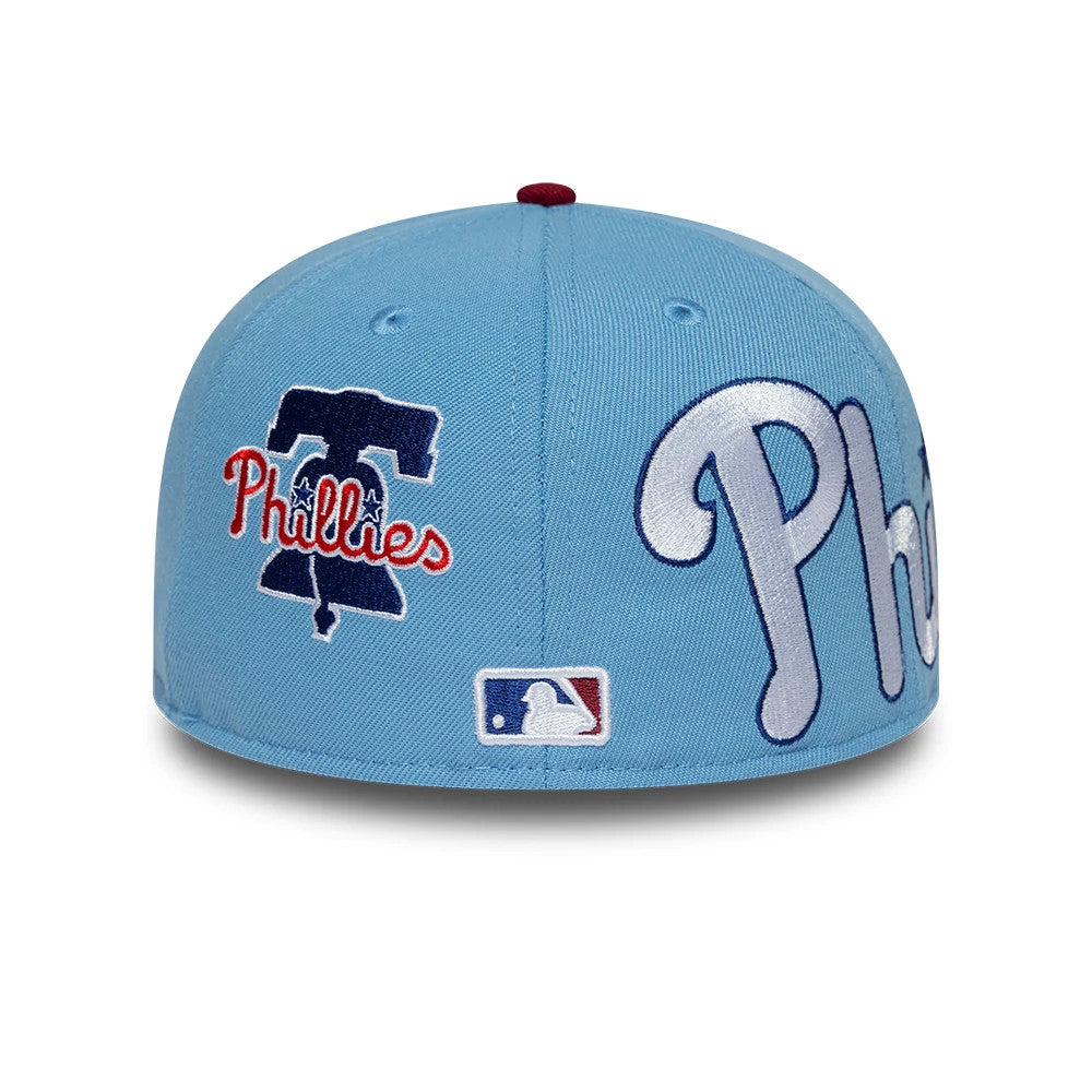 Philadelphia Phillies MLB Multi Logo Satin Lined Pastel Blue New Era 59FIFTY Fitted Cap, rear view showing the embroidered Phillies script logo in white and red, the black Liberty Bell logo on the left rear panel.