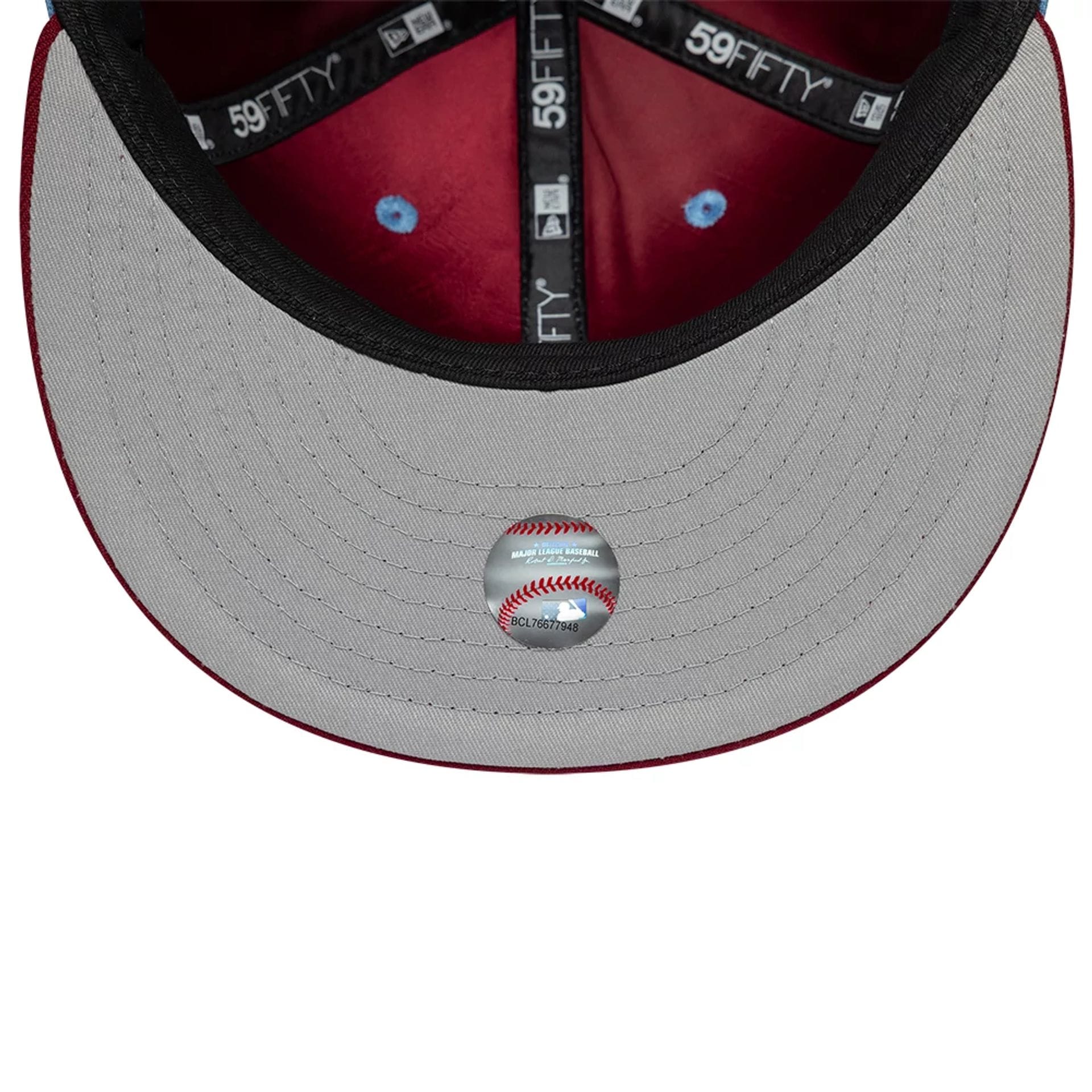 Pictured is this MLB Multi Logo Philadelphia Phillies 59FIFTY Fitted cap in pastel blue. 2