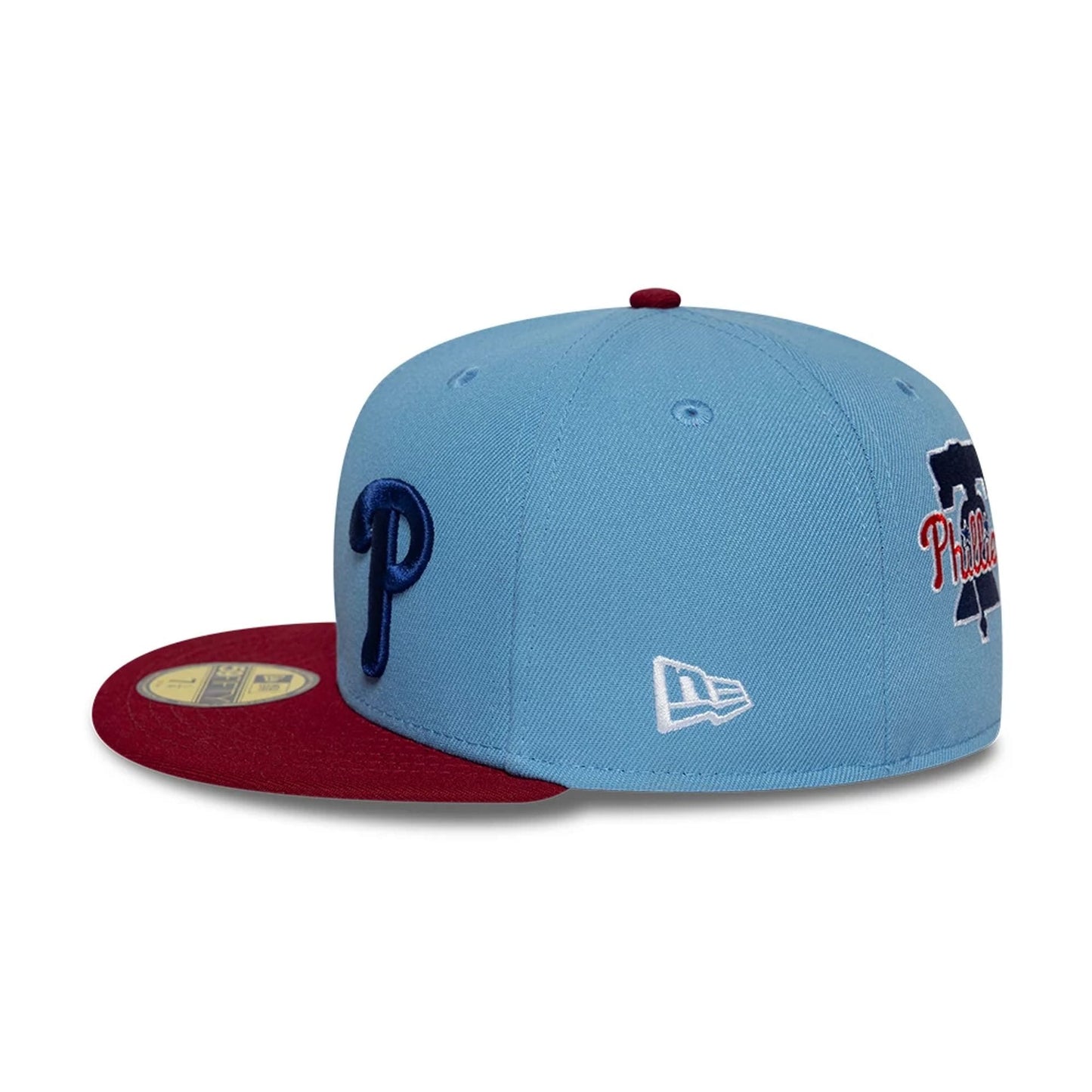 Pictured is this MLB Multi Logo Philadelphia Phillies 59FIFTY Fitted cap in pastel blue. 7