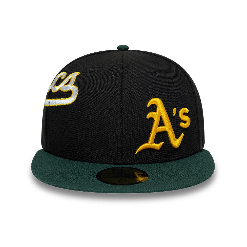 Athletics MLB Multi Logo Satin Lined Black New Era 59FIFTY Fitted Cap, front view showing the gold embroidered As' logo on the right front panel, a raised 'letics' script logo across the left front panel.