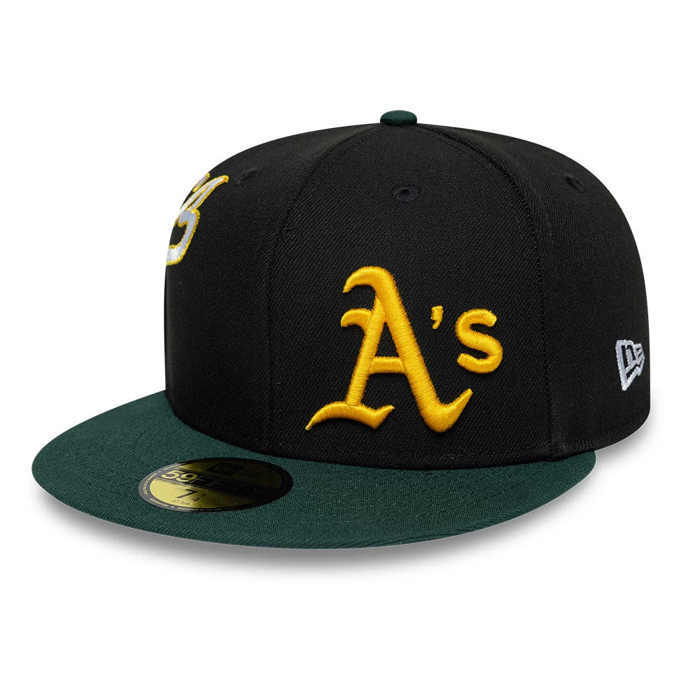 Athletics MLB Multi Logo Satin Lined Black New Era 59FIFTY Fitted Cap, front view showing a raised yellow embroidered A’s logo on the black structured crown, with a green flat visor and a gold 59FIFTY size sticker on the top.