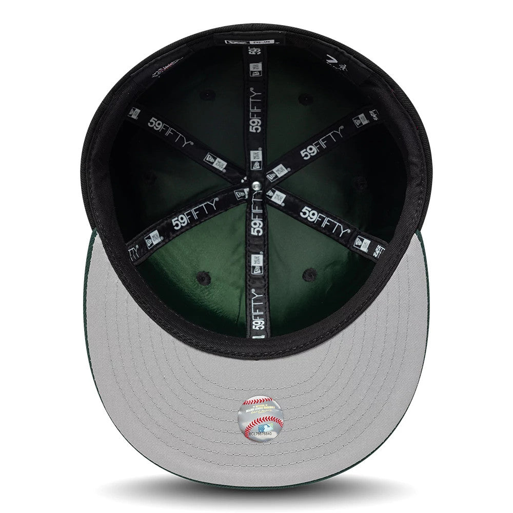 Athletics MLB Multi Logo Satin Lined Black New Era 59FIFTY Fitted Cap, inside view showing black 59FIFTY taping along the seams, a green undervisor, and a baseball image sticker on the grey visor.