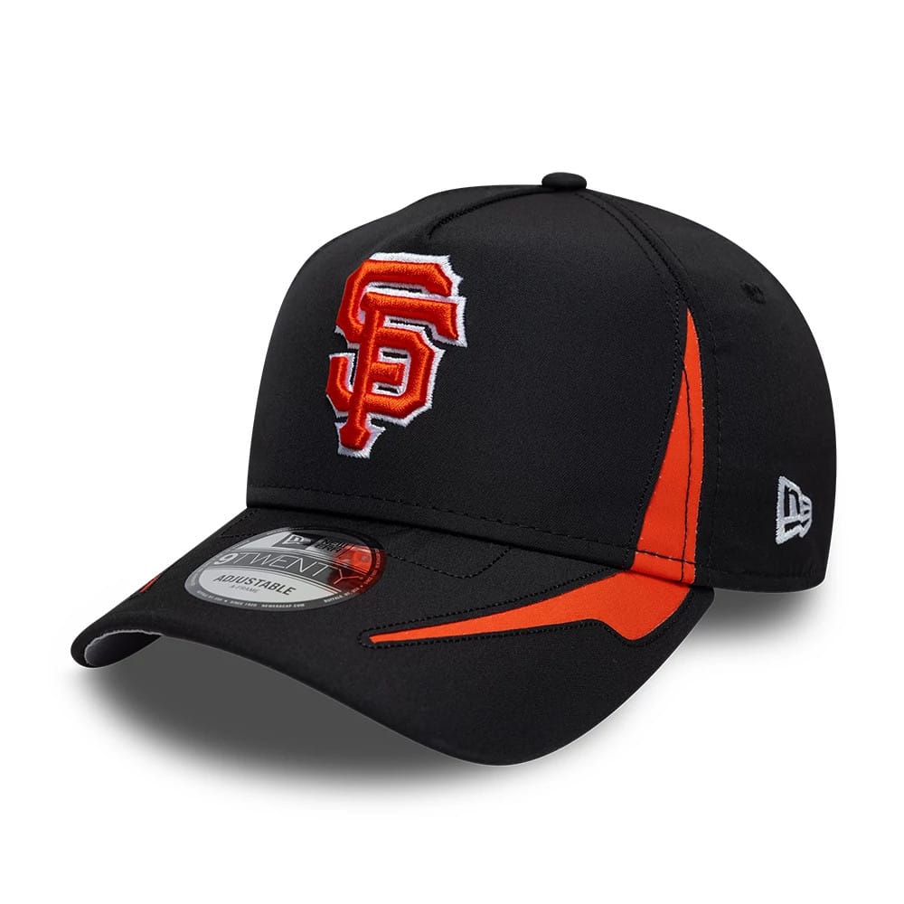 San Francisco Giants MLB Panel Black New Era 9TWENTY A-Frame Adjustable Cap, three-quarter view showing the raised orange and white embroidered SF logo on the front panel, black curved visor with a 9TWENTY size sticker.