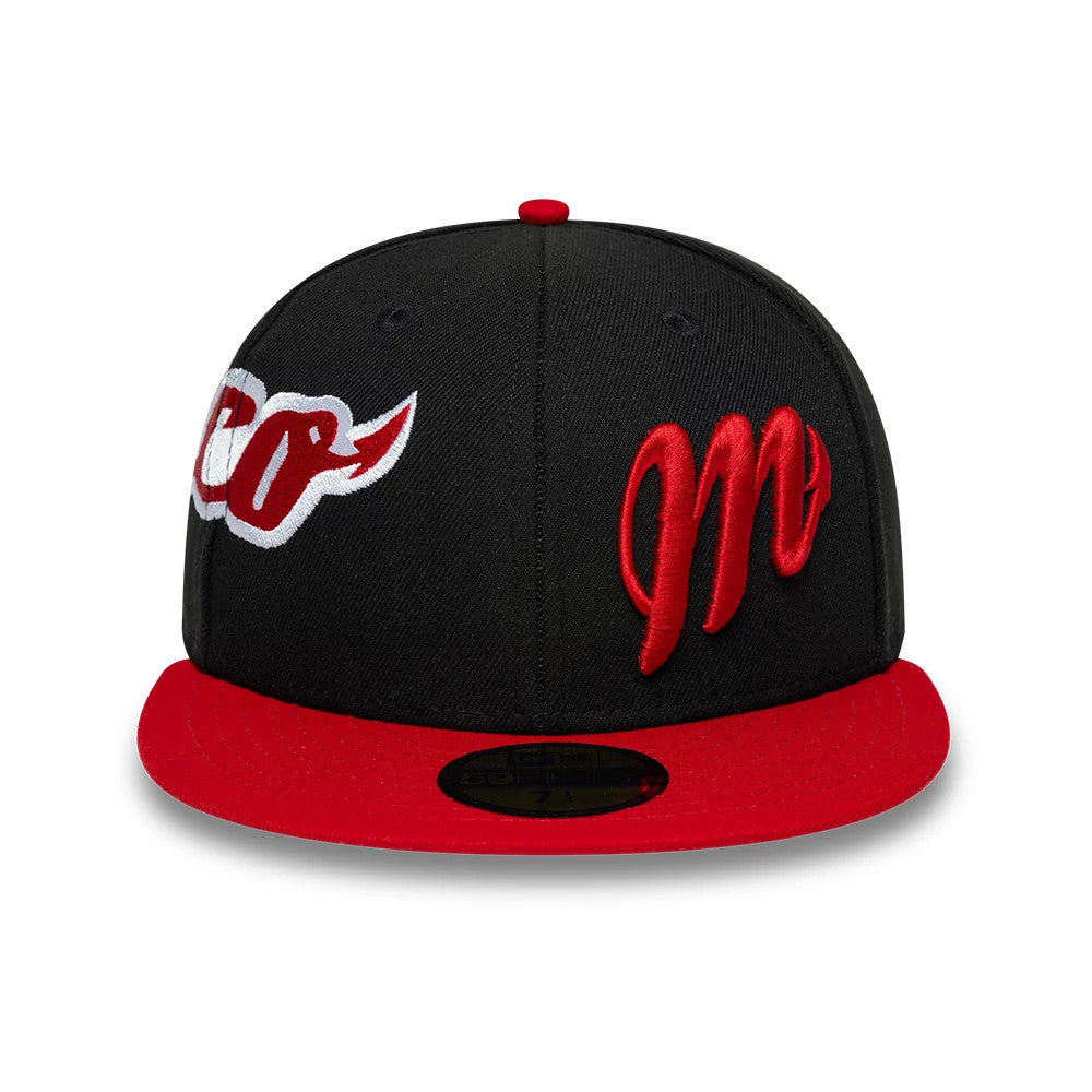 Mexico Diablos LMB Multi Logo Satin Lined Black New Era 59FIFTY Fitted Cap, front view showing the raised red and white embroidered M and co logos on the structured black crown, with a contrasting red visor and gold 59FIFTY size sticker.
