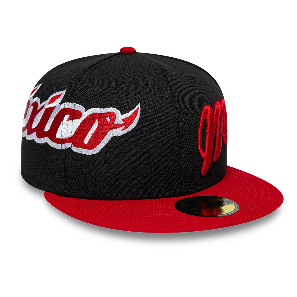 Mexico Diablos LMB Multi Logo Satin Lined Black New Era 59FIFTY Fitted Cap, front view showing the raised red embroidered México script across the front panel, a contrasting red flat visor, and a gold 59FIFTY size sticker on the visor.