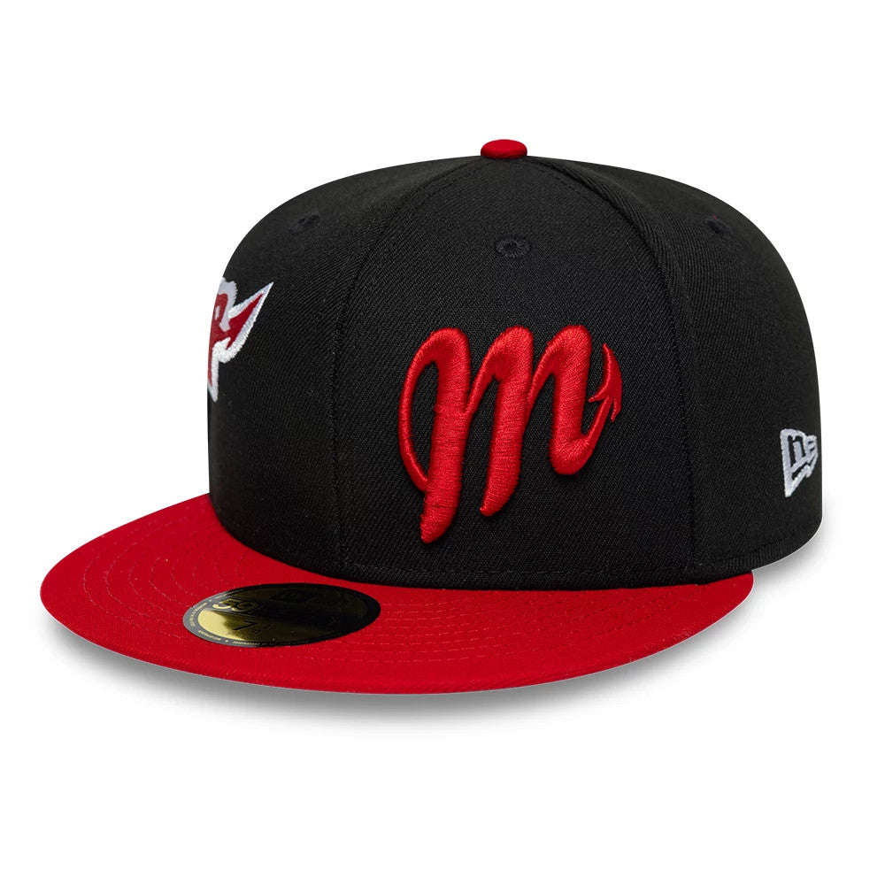 Mexico Diablos LMB Multi Logo Satin Lined Black New Era 59FIFTY Fitted Cap, front view showing a red embroidered m logo on the front panel, a contrasting red flat visor with a gold 59FIFTY size sticker, and a red top button.
