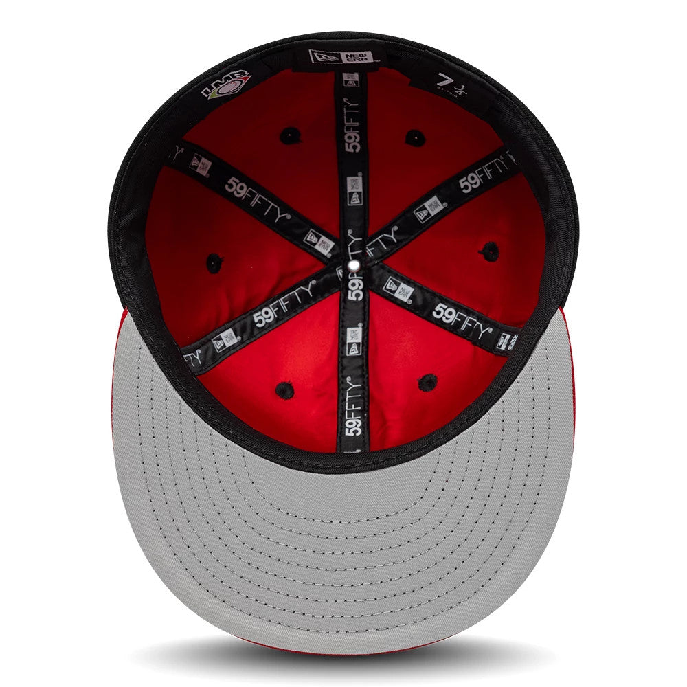 Mexico Diablos LMB Multi Logo Satin Lined Black New Era 59FIFTY Fitted Cap, inside view showing the red satin lining, black 59FIFTY taping, and grey undervisor, with size details around the sweatband.