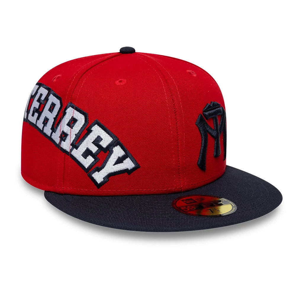 Sultanes De Monterrey LMB Multi Logo Satin Lined Red New Era 59FIFTY Fitted Cap, front view showing red crown with white and navy embroidered lettering across the front panels, black side logo and a black flat visor with a gold 59FIFTY size sticker.