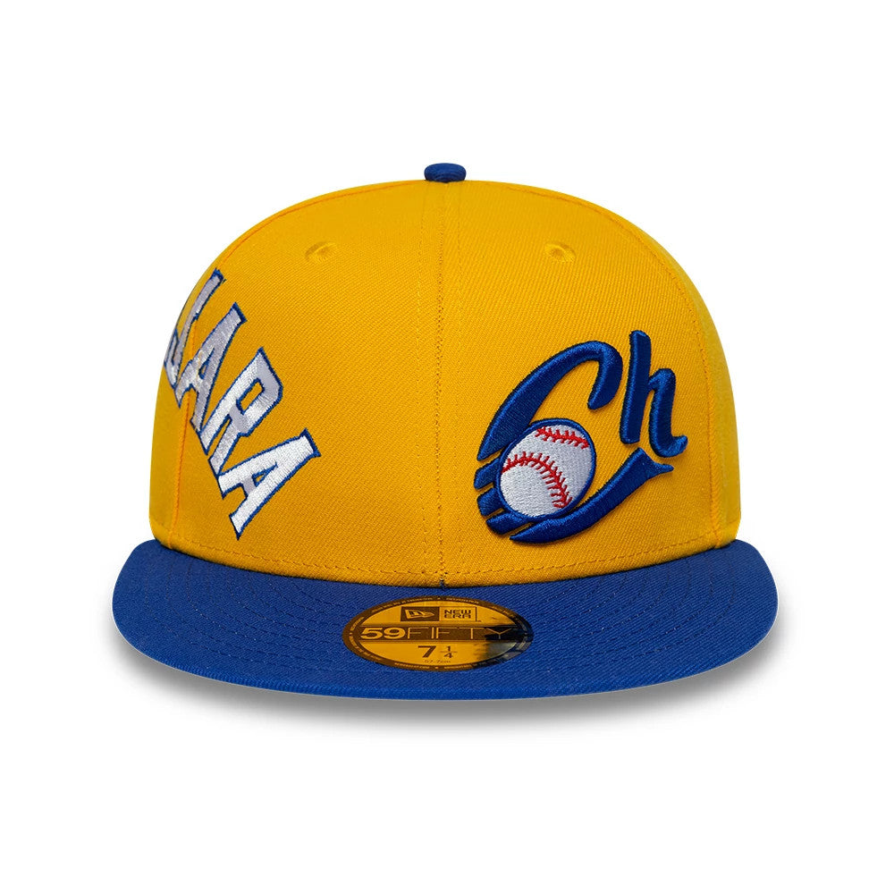 Charros De Jalisco LMB Multi Logo Satin Lined Gold New Era 59FIFTY Fitted Cap, front view showing a raised blue and white Ch logo with a baseball motif on the yellow structured crown, alongside Jalisco lettering.