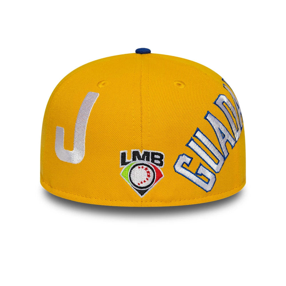 Charros De Jalisco LMB Multi Logo Satin Lined Gold New Era 59FIFTY Fitted Cap, rear view showing the raised blue and white Guadalajara lettering across the back panels, an LMB logo in the centre, and a prominent white J on the left.