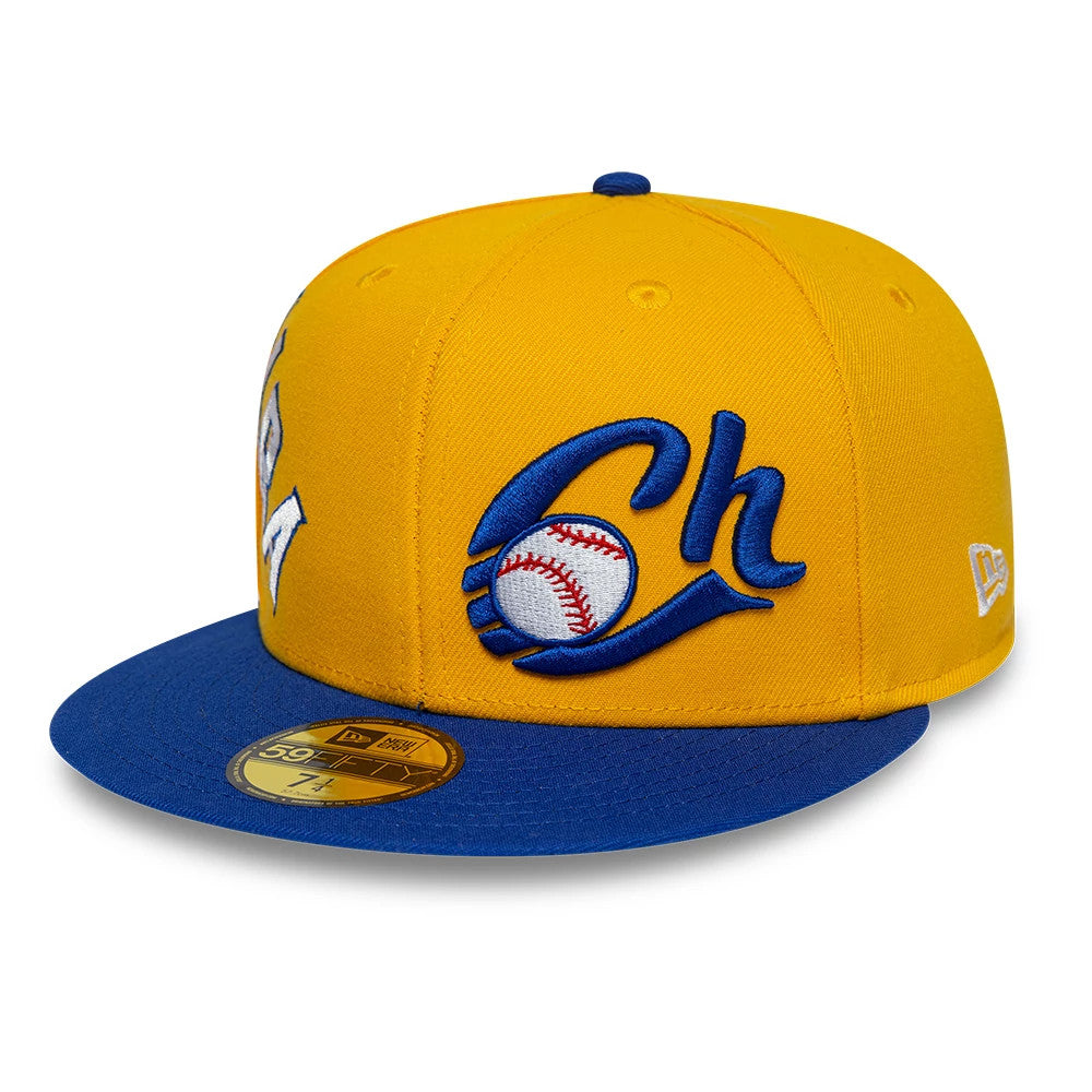 Charros De Jalisco LMB Multi Logo Satin Lined Gold New Era 59FIFTY Fitted Cap, front view showing a blue embroidered Ch logo with a baseball on the front panel, contrasted by a blue visor and topped with a gold 59FIFTY size sticker.