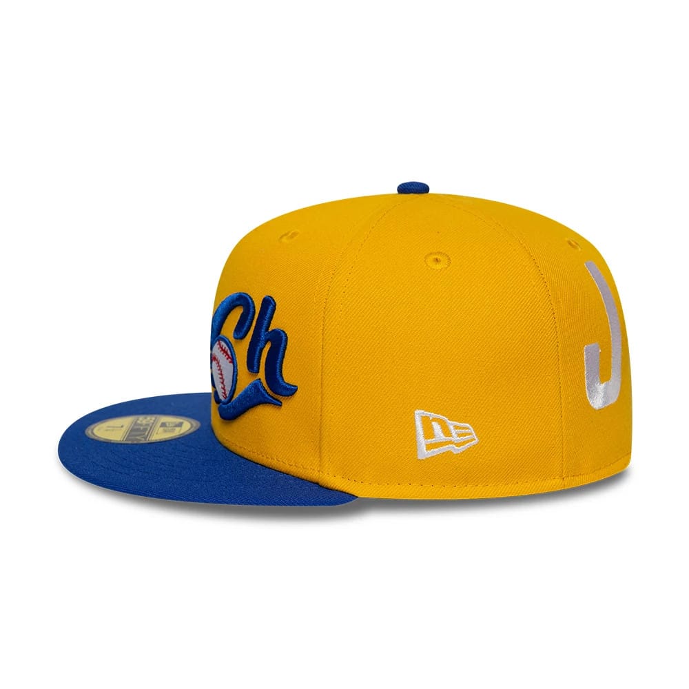 Pictured is this LMB Multi Logo Charros De Jalisco 59FIFTY Fitted cap in gold. 7