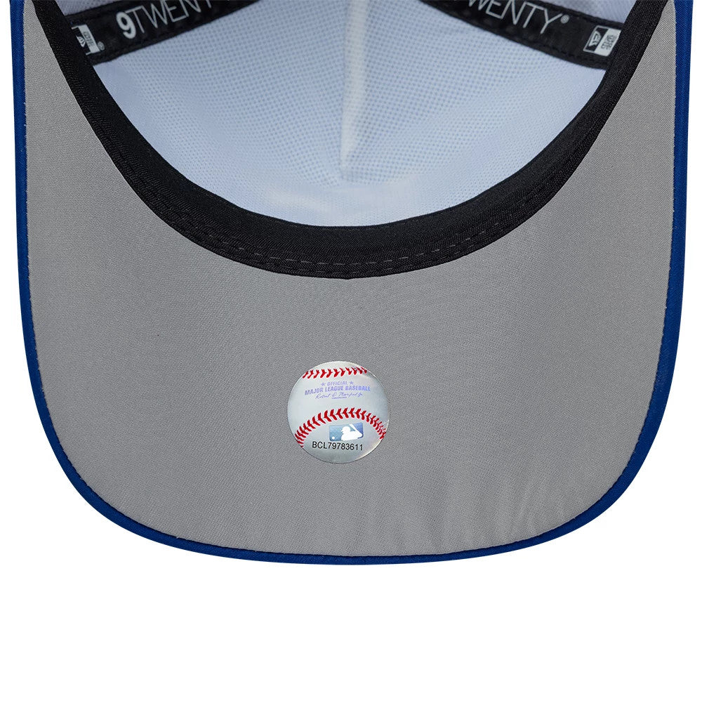 Kansas City Royals MLB Panel Blue New Era 9TWENTY A-Frame Adjustable Cap, inside view showing the grey undervisor, black seam bordering, and a round MLB hologram sticker centred on the under panel.