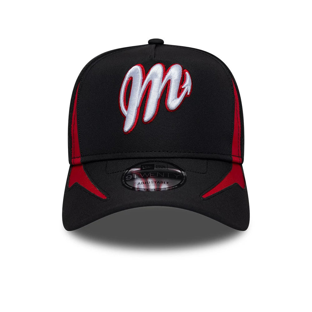Pictured is this LMB Panel Mexico Diablos 9TWENTY A-Frame cap in black. 3
