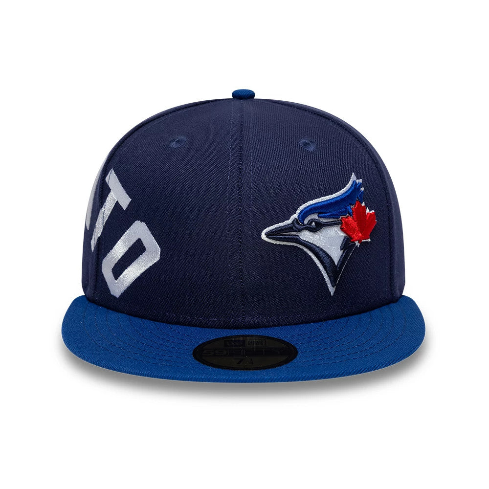 Toronto Blue Jays MLB Multi Logo Satin Lined Navy New Era 59FIFTY Fitted Cap, front view showing the raised embroidered Blue Jays logo with a red maple leaf on the front panel, navy crown.