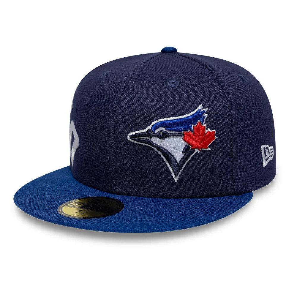 Toronto Blue Jays MLB Multi Logo Satin Lined Navy New Era 59FIFTY Fitted Cap, front view showing the raised blue and red embroidered Jays logo on the front panel, navy crown matched with a blue flat visor and gold 59FIFTY size sticker.