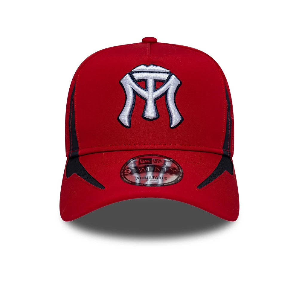 Sultanes De Monterrey LMB Panel Red New Era 9TWENTY A-Frame Adjustable Cap, front view showing the white and black embroidered Sultanes logo on the structured red crown, with a curved red visor featuring a 9TWENTY size sticker.