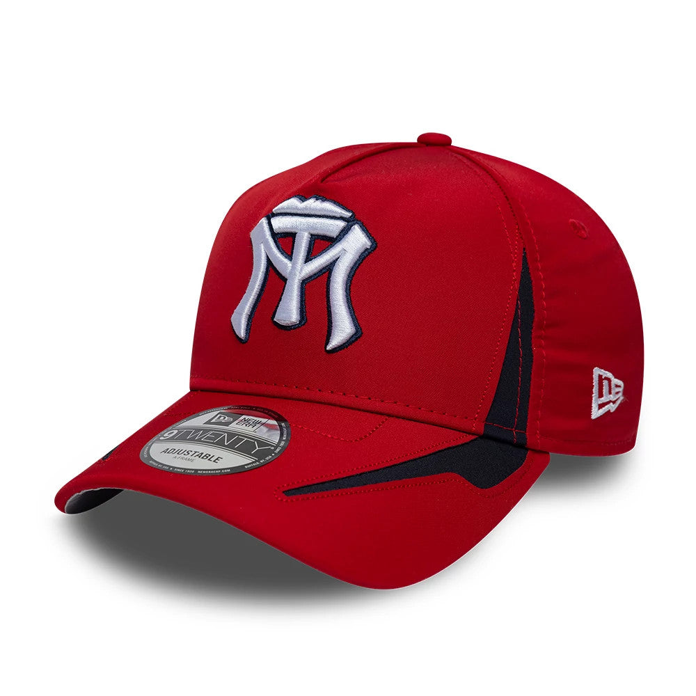 Sultanes De Monterrey LMB Panel Red New Era 9TWENTY A-Frame Adjustable Cap, three-quarter view showing the white and black embroidered logo on the front panel, a curved red visor with a 9TWENTY size sticker.