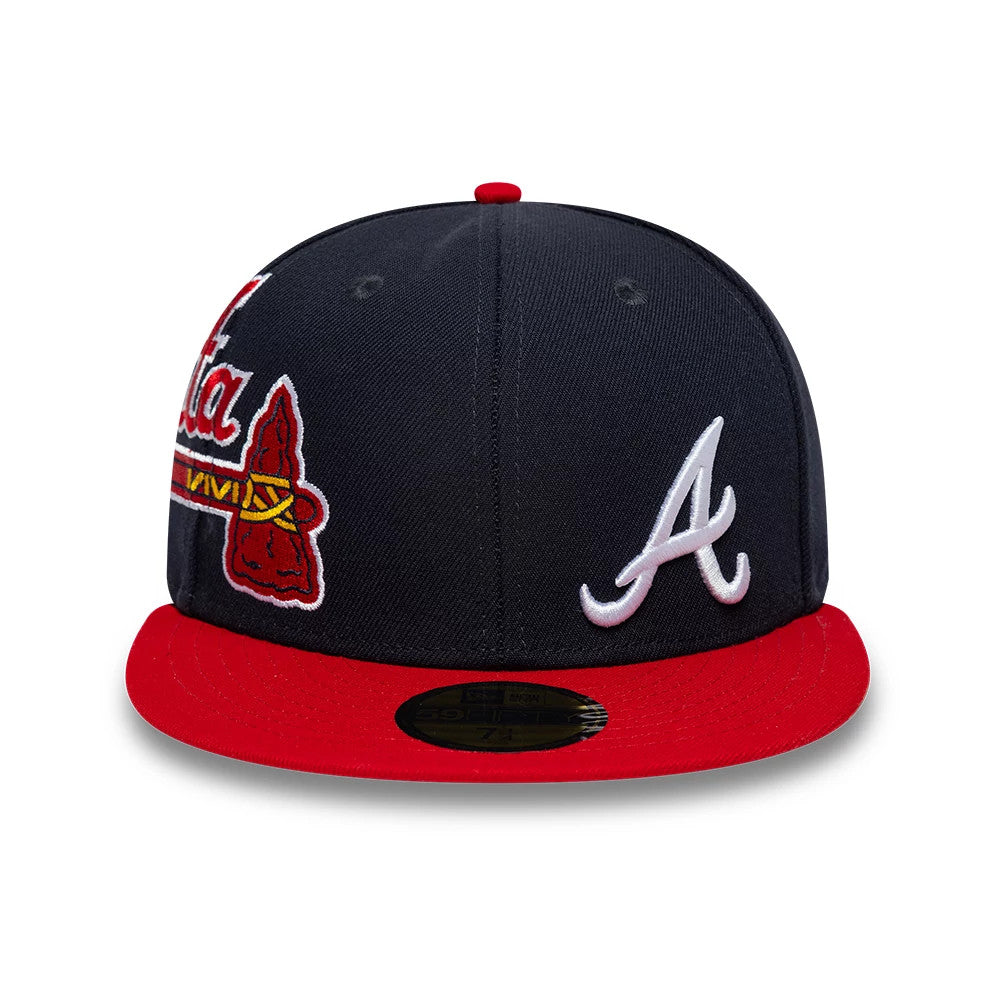 Atlanta Braves MLB Multi Logo Satin Lined Navy New Era 59FIFTY Fitted Cap, front view showing the raised white embroidered A logo on the navy front panel, a red flat visor with a gold 59FIFTY size sticker, and decorative side patch.