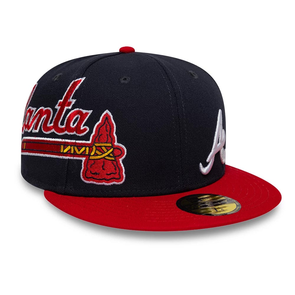 Pictured is this MLB Multi Logo Atlanta Braves 59FIFTY Fitted cap in navy. 1