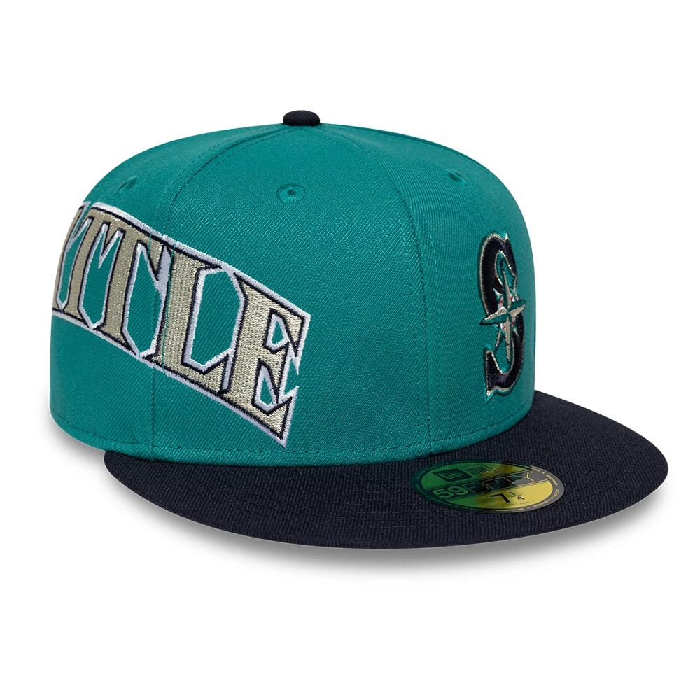 Pictured is this MLB Multi Logo Seattle Mariners 59FIFTY Fitted cap in green. 1