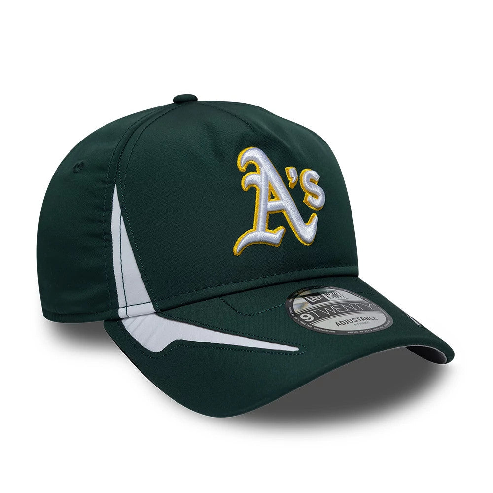 Athletics MLB Panel Dark Green New Era 9TWENTY A-Frame Adjustable Cap, three-quarter view showing raised white and yellow embroidered As' logo on the structured dark green crown, with a 9TWENTY size sticker on the curved visor.