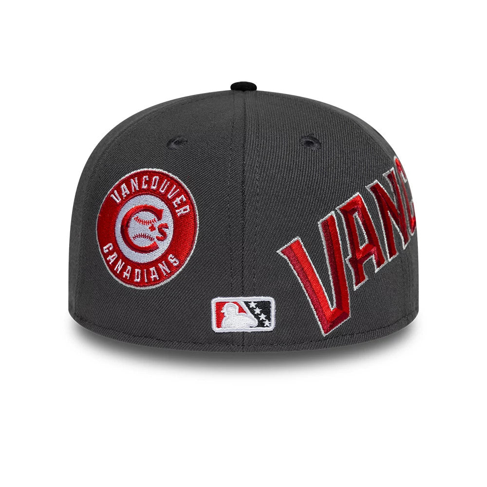 Vancouver Canadians MiLB Multi Logo Satin Lined Charcoal New Era 59FIFTY Fitted Cap, rear view showing a white embroidered MLB Batterman logo centred on the back panels, with a red Vancouver Canadians circular logo on the left side.
