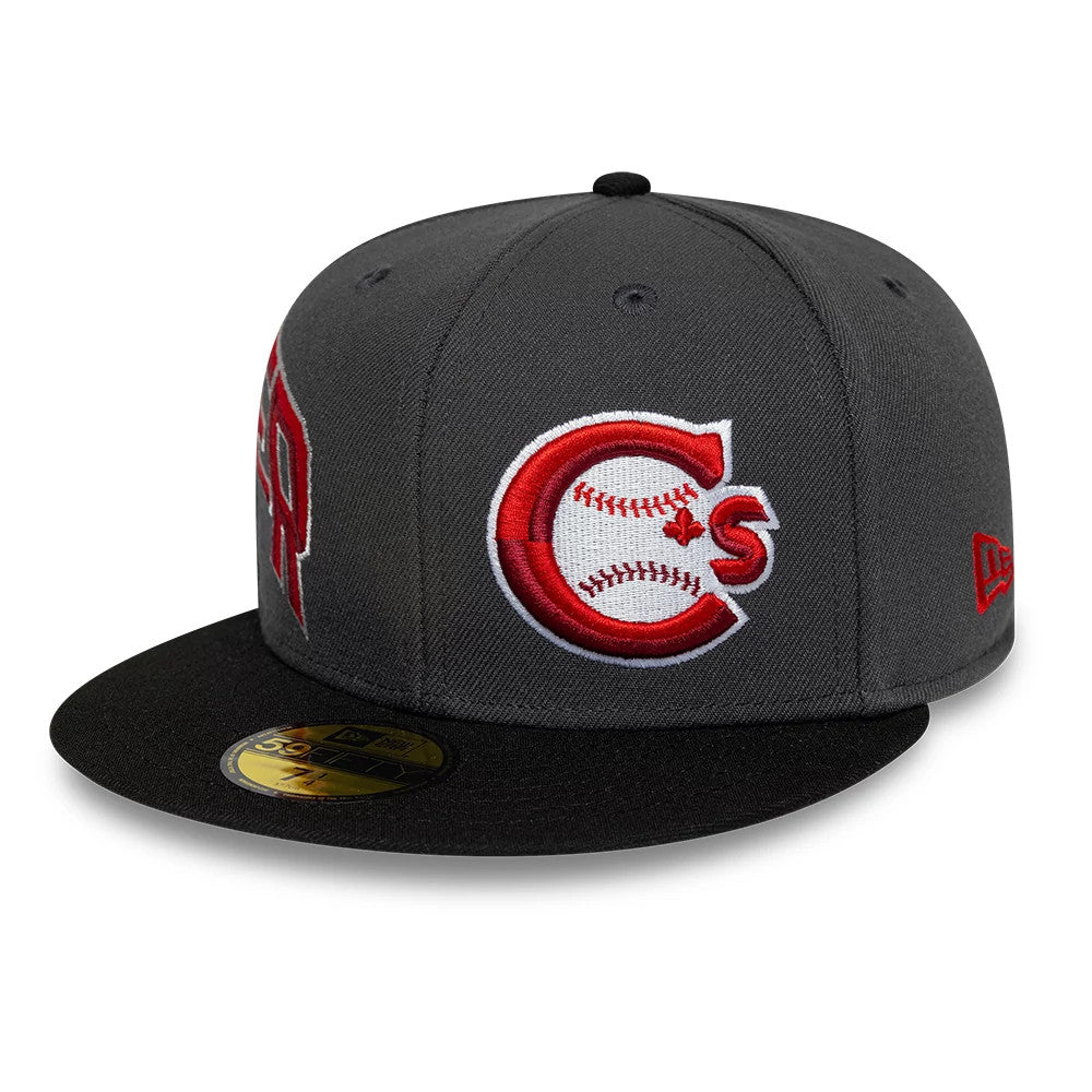 Vancouver Canadians MiLB Multi Logo Satin Lined Charcoal New Era 59FIFTY Fitted Cap, three-quarter view showing a large red and white Cs baseball embroidery on the front panel, a red New Era flag logo on the left side.